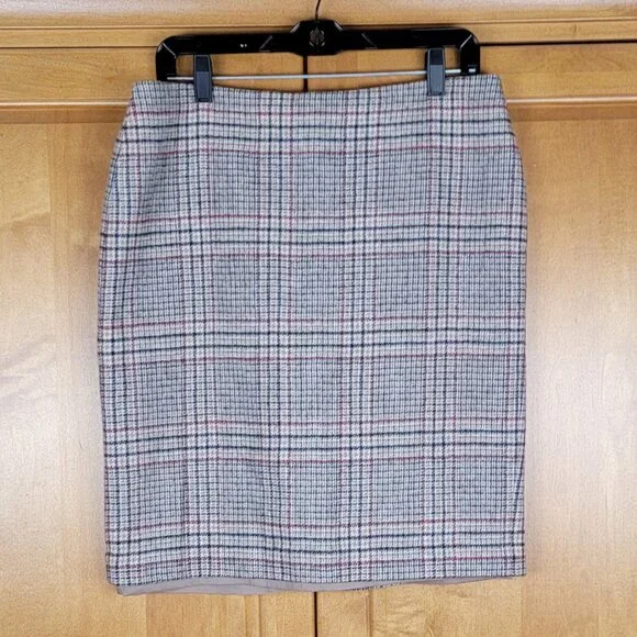 Talbots Tan Black Red Gold Plaid Wool Blend Pencil Skirt - 12P - Picture 1 of 6